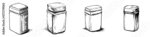 Drawing of various container shapes in simple design showcasing different sizes and styles