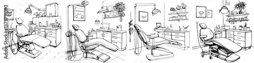 Dental office interior with examination areas and dental equipment for patients and practitioners during daytime hours