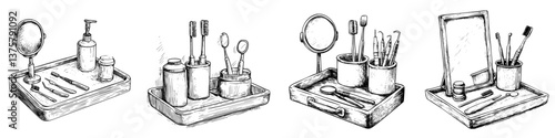 Bathroom countertop organization with toiletries, brushes, and mirrors arranged in a neat layout