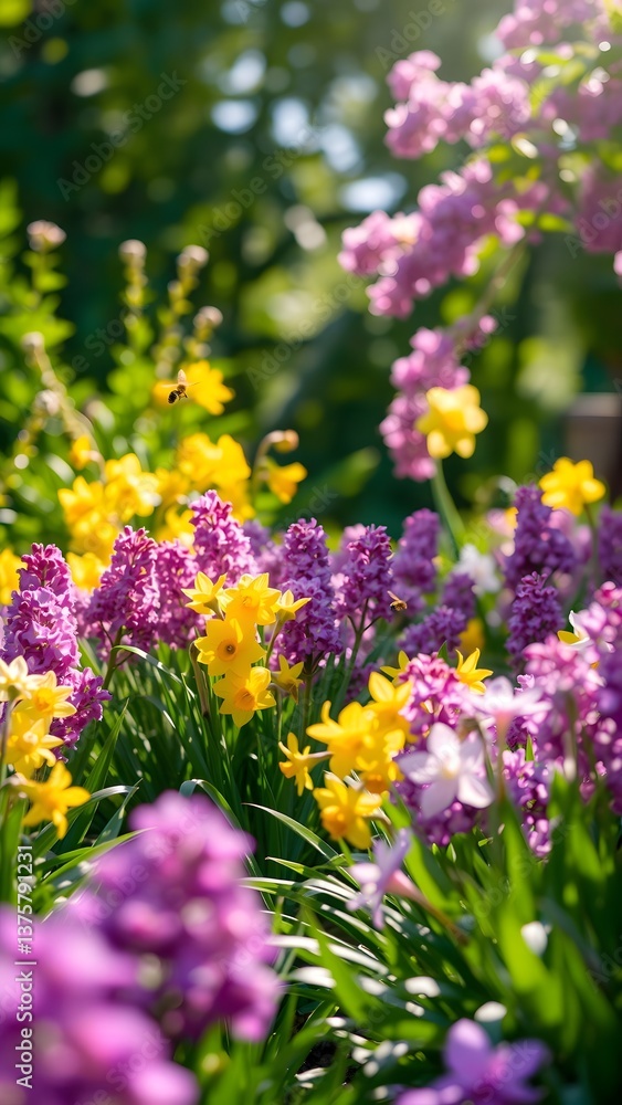 Fototapeta premium Vibrant Spring Garden with Flowers and Bee