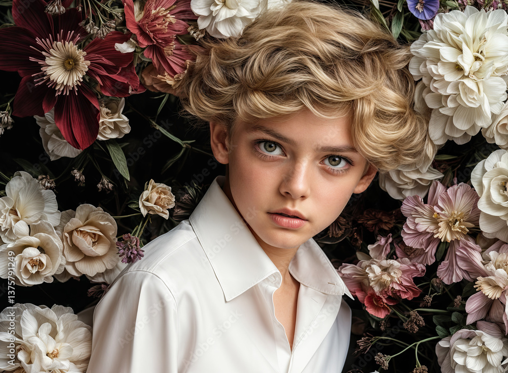 A young model, framed by a stunning floral arrangement, exudes a quiet elegance.
