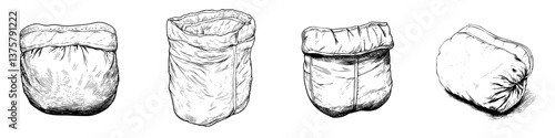 Various styles of fabric sacks displayed in a collection showing different shapes and textures in a minimalist setting
