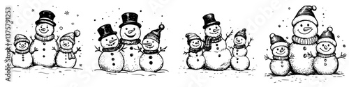 Winter festivities bring together joyful snowmen families in a snowy landscape with hats and scarves