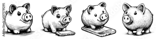 Illustrations of playful piggy banks engaging with technology in a creative display