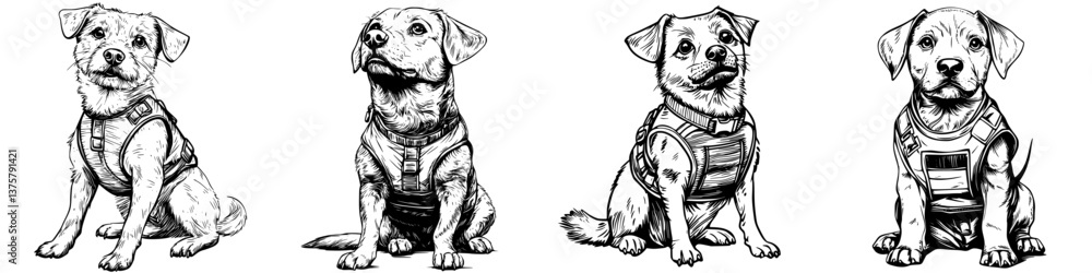 Fototapeta premium Illustration of four distinct working dogs in harnesses showcasing unique traits and appearances
