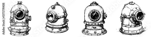 Collection of vintage deep-sea diving helmets showcasing nautical history and industrial design from the past century