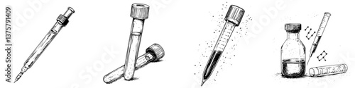 Medical lab equipment including pipettes and test tubes used for scientific experiments and research