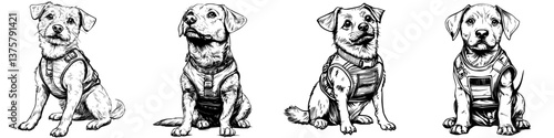 Illustration of four distinct working dogs in harnesses showcasing unique traits and appearances