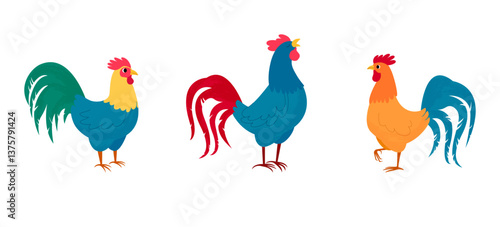 Vector colorful hand drawn illustration. Set of cute bright roosters with textures. Farm birds isolated on white background.