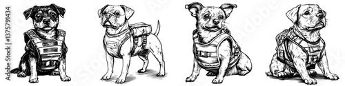 Four distinct dogs in tactical harnesses showcasing their training skills in a stylized illustration
