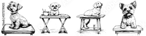 Different breeds of dogs performing various activities on small tables in a fun and artistic style