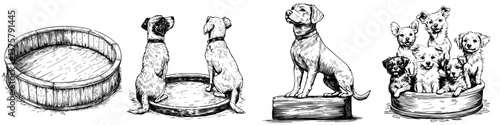 Dogs engaged in playful activities in various wooden bowls and containers in a lively setting