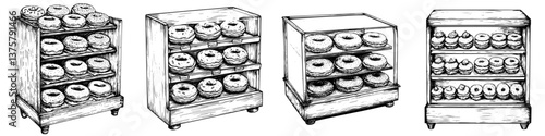 Display of assorted pastries and donuts in a vintage bakery setting, showcasing various flavors and designs