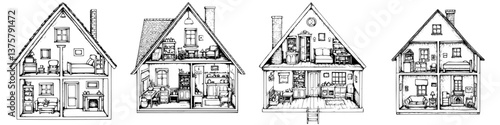Detailed illustrations of traditional houses showcasing rooms and living spaces in a quaint village setting