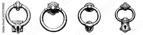 Various antique door knockers displayed in a vintage style showcasing unique designs and craftsmanship in a rustic setting