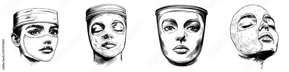Portraits of skincare routine showing various facial masks and treatments for glowing and healthy skin