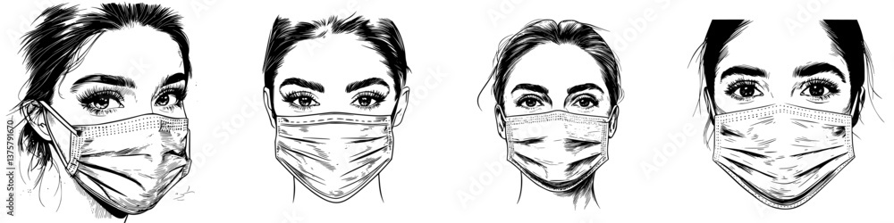 Obraz premium Artwork showcasing diverse expressions of individuals wearing protective masks during a health crisis