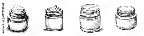 Various jars with different cream textures showcased on a white background in a detailed illustration format