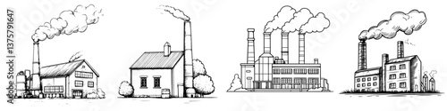 Various industrial buildings with smoking chimneys showcasing different architectural styles and manufacturing activities