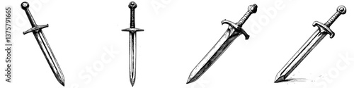 Various designs of swords showcasing intricate details and craftmanship from different angles in black and white