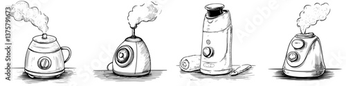 Various steam appliances displayed on a wooden surface to illustrate their functions and designs in a creative manner