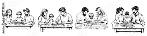 Family engaged in creative activities together at home on a cozy afternoon
