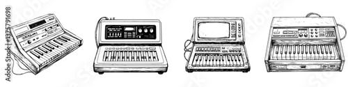 Vintage synthesizers displayed in a retro music studio showcasing different keyboard designs and styles