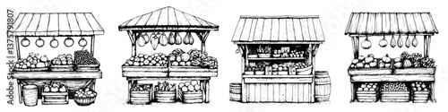 Colorful market stalls displaying fresh fruits and vegetables in a bustling outdoor marketplace setting