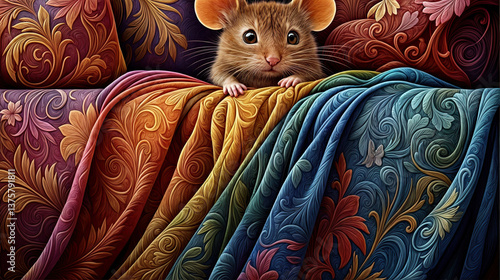 A small mouse nestled amongst rich, patterned fabrics.