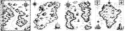 Unique collection of antique-style treasure maps showcasing islands, ships, and compasses in intricate designs