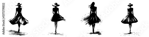 Elegant women in flowing dresses walking towards a serene horizon during a sunset, showcasing grace and style