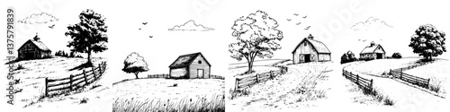 Countryside landscape featuring barns, trees, and fences in a serene rural setting during daytime