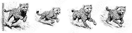 Cheetahs sprinting in a dynamic sequence showcasing speed and agility in an artistic representation