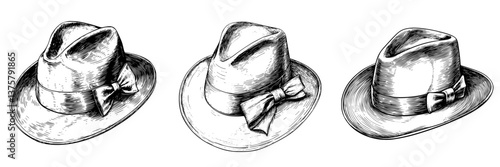 Different styles of vintage hats displayed in a row showcasing classic fashion accessories from the early 20th century