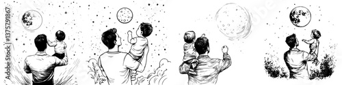Parents and children gazing at the moon in a starry night sky while exploring nature together