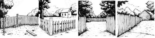 Illustrations of a rural landscape featuring a wooden fence, house, and grassy yard in a quiet setting