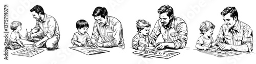 Father and children engaged in creative activities indoors fostering learning and bonding
