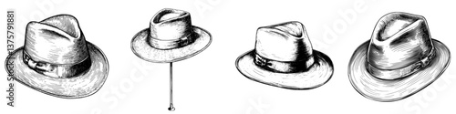 Different views of a classic fedora hat showcasing its unique design and style elements in a minimalist illustration