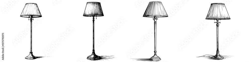 Obraz premium Different styles of floor lamps on a white background highlighting unique designs and features within interior decor