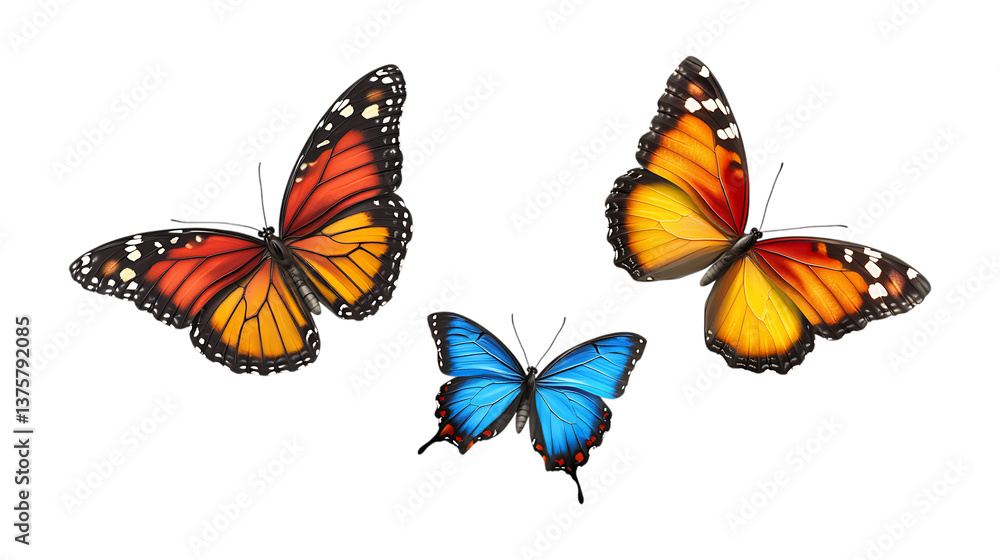 Obraz premium Butterflies in Flight Set of Three Different Poses on Transparent Background for Wildlife Design, Nature Marketing, or Insect Photography