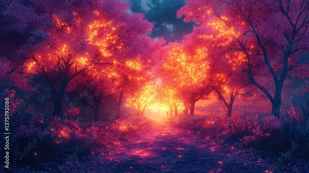 Magical glowing path through enchanted forest at twilight Magical glowing path through enchanted forest at twilight