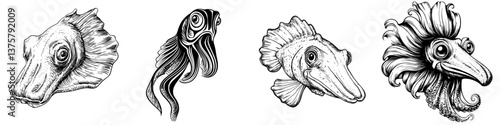 Artistic representation of unique fish heads showcasing detailed features and imaginative designs found in ocean habitats