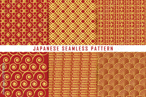 Japanese seamless patterns. Collection of traditional Asian backgrounds in golden 