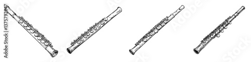 Multiple flute instruments displayed in various positions and angles on a white background