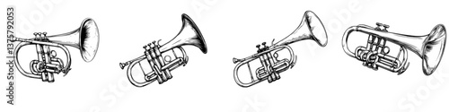 Musical instruments showcase featuring trumpets in a creative arrangement illustrating harmony and rhythm