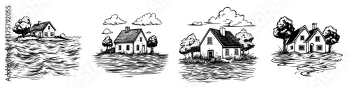 Flooded houses in landscape with rising water levels and overcast skies showcasing the impact of natural disasters on communities