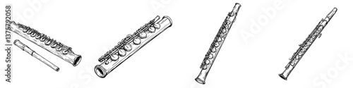 Different types of flutes displayed in various angles on a white background