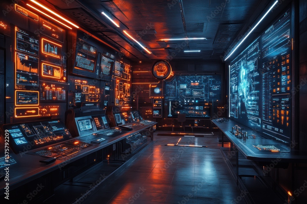 Futuristic control room with glowing displays Futuristic control room with glowing displays