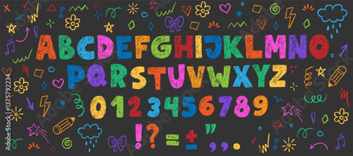 Crayon kids font, doodle funny playful alphabet. Hand drawn scribble kid typescript numbers, blobs.  School wax abc, cute kindergarten handwriting playful letters. Color pencil children font