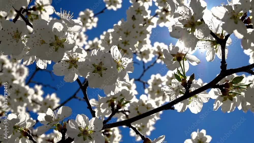 Sunlight shining through white flowers of blooming cherry tree Sunlight shining through white flowers of blooming cherry tree